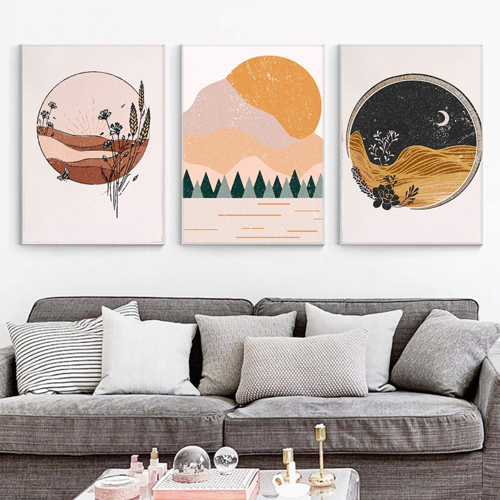 Amazon｜抽象的なオレンジ色の壁アートキャンバス絵画山の夕日ミニマ